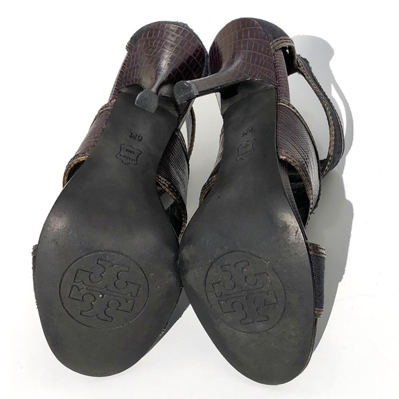 Tory Burch Geoff heel size 6M cage sandal zip linen & snakeskin embossed leather - Picture 10 of 14